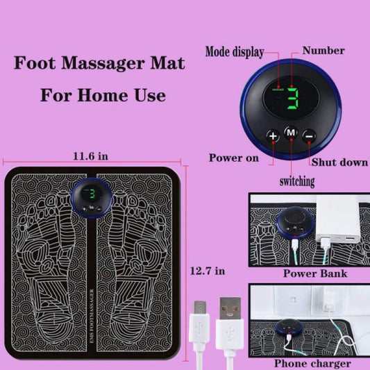 EMS Foot Massager Mat | Electric USB Charging Acupuncture Foot Pad with Smart Display for Blood Circulation & Health Care