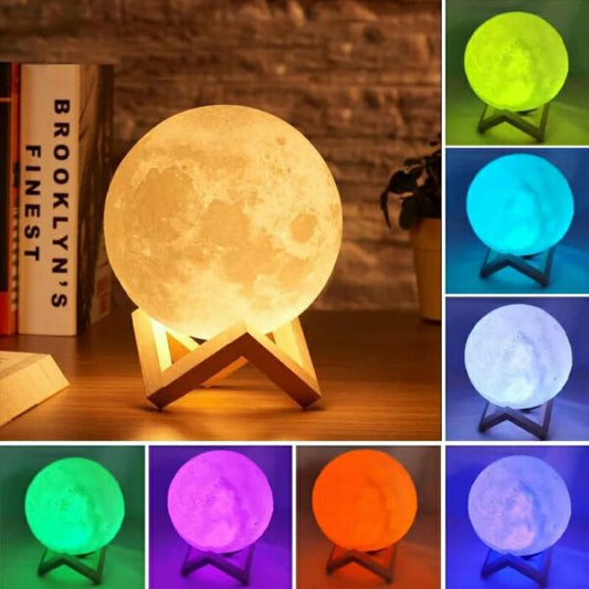 LED Moon Lamp – 3D Printed Lunar Lamp – Battery-Powered Colorful Night Light for Kids – 8 Colors (15cm)