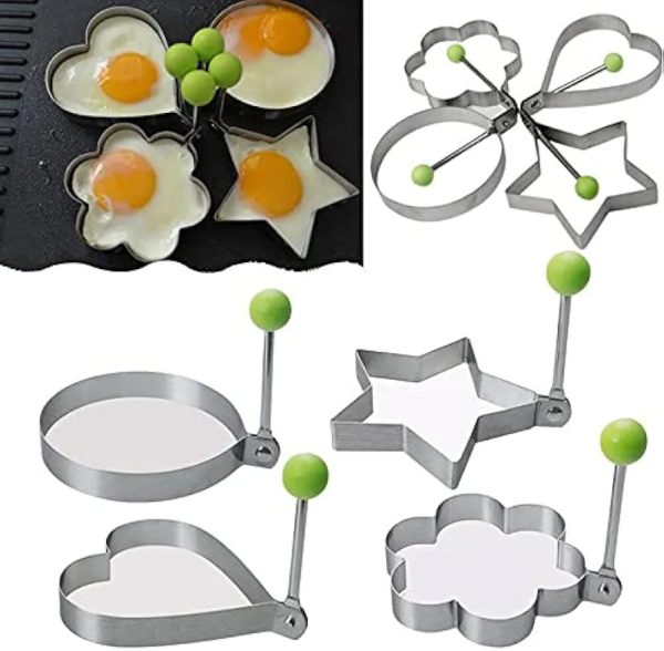 Pack of 4 Stainless Steel Egg & Pancake Shapers – Star, Heart, Round, Flower Molds