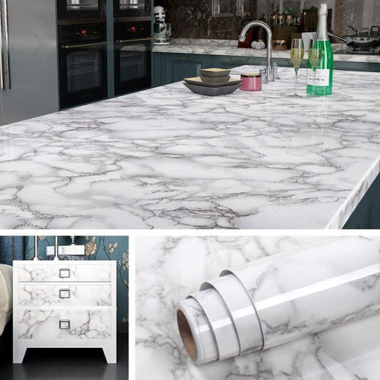 Self-Adhesive White Marble Sticker – Anti-Oil, Heat-Resistant Kitchen & Wall Wallpaper (60cm x 2m)